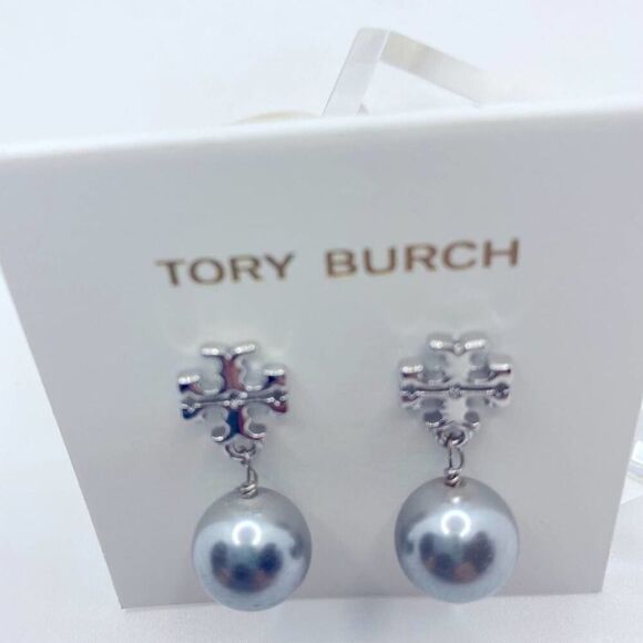 NWOT Tory Burch Silver Logo T Pearl Stud Dangle Earrings - Picture 3 of 6